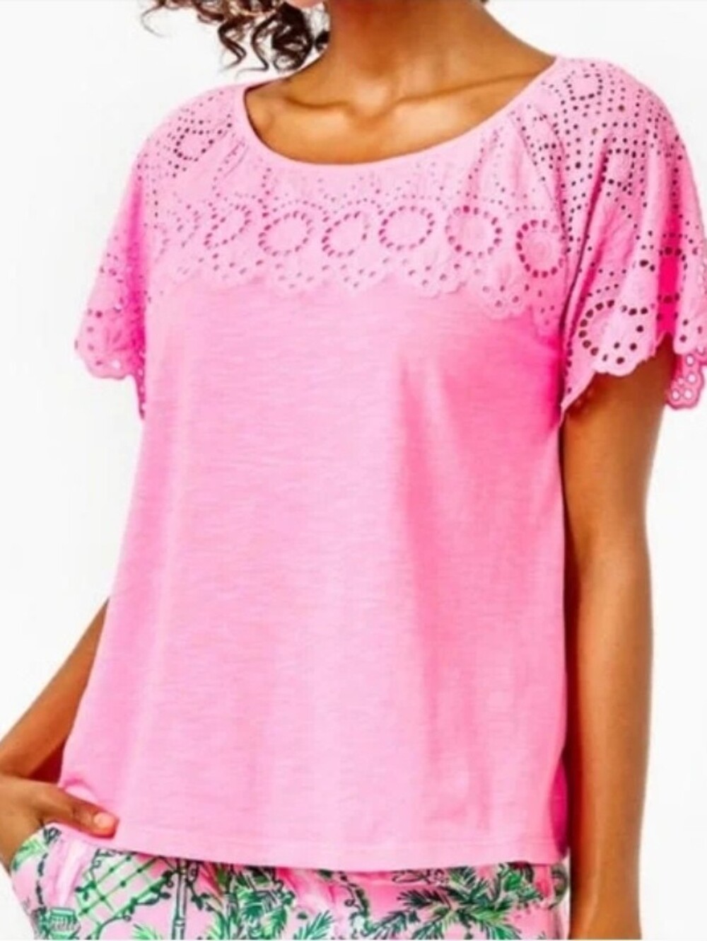 Lilly Pulitzer Taylin Eyelet Short Sleeve Top In Pink Shandy Sz S